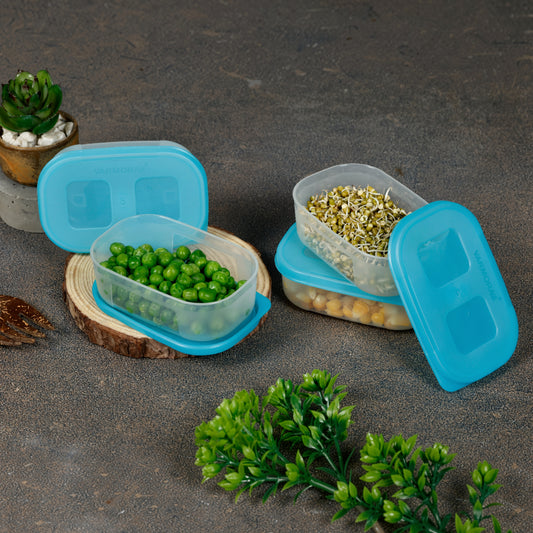 Varmora Freezer Safe - 100% Food-Grade Plastic, Transparent With Blue Lid, FDA Approved & BPA-Free, Stackable Design, Refrigerator & Deep Freezer Safe, Set of 4 (90 ml)