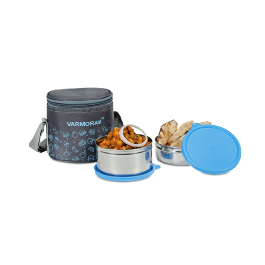 Varmora SS Executive Printed - 2 Tier Stainless Steel Lunch Box with Printed Insulated Bag, Food Grade & Leak Proof