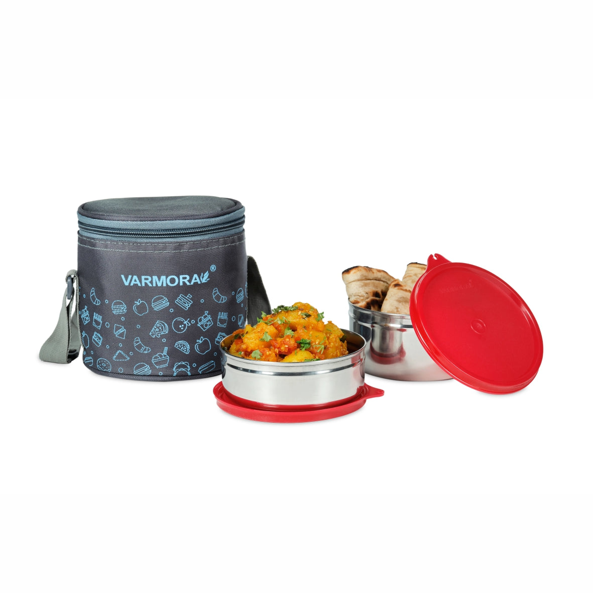 Varmora SS Executive Printed - 2 Tier Stainless Steel Lunch Box with Printed Insulated Bag, Food Grade & Leak Proof