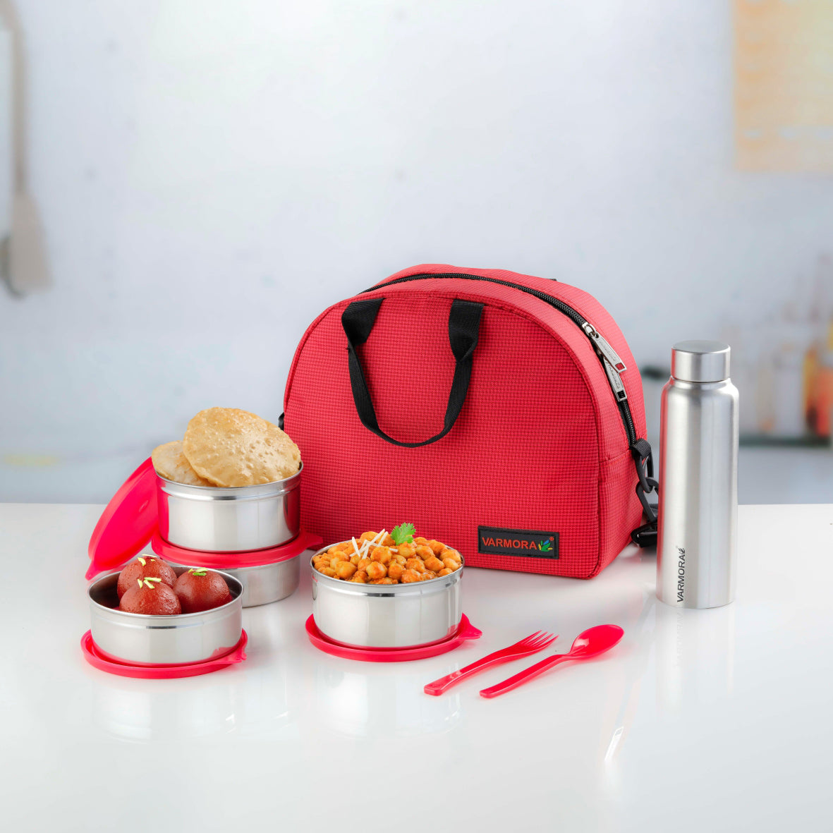 Varmora SS Family Lunch - 3 Tier Stainless Steel Lunch Box Set with Bottle & Insulated Bag, Food Grade & Leak Proof