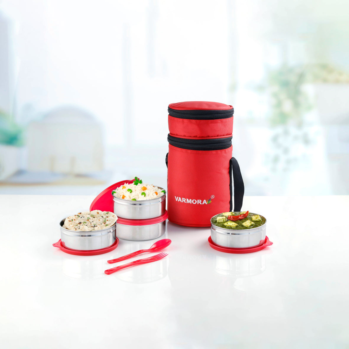 Varmora Quattro Lunch SS - 4 Tier Stainless Steel Lunch Box with Insulated Bag, Food Grade & Leak Proof