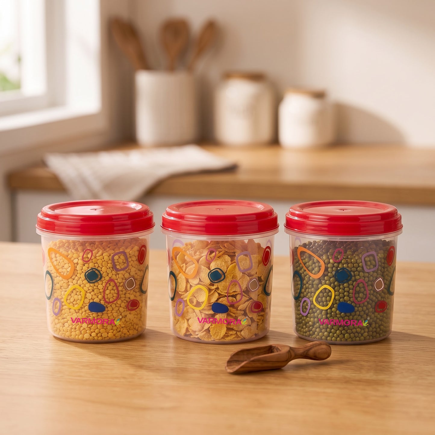Varmora Glory Container Printed - Set of 3 (1 Ltr), Plastic Containers With Air-Tight Lid, For Storing Atta, Flour & Rice, Transparent Design, BPA Free 100% Food-Grade Plastic