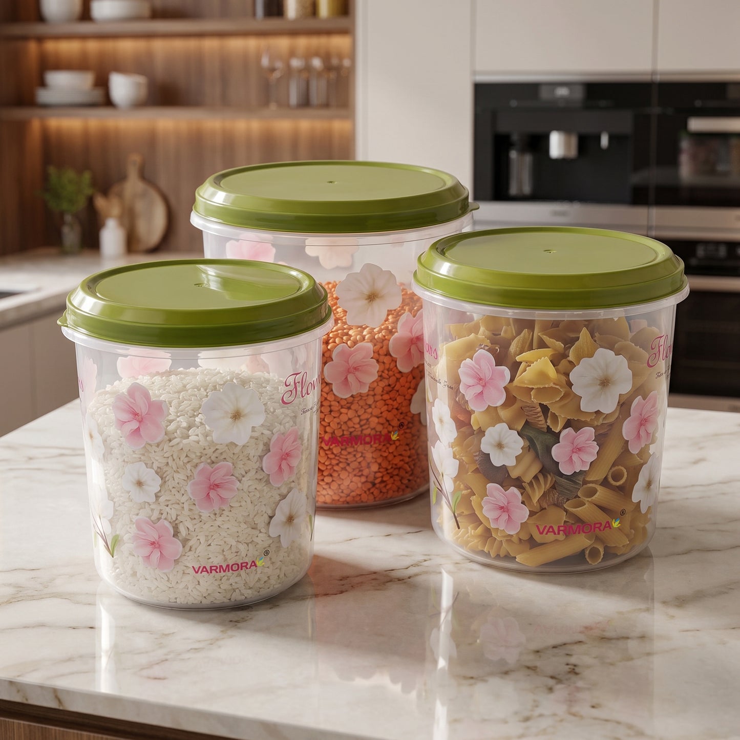 Varmora Mega Glory Round Set Flower - Set of 3, Air-Tight Lid, Transparent, BPA-Free Food-Grade Plastic