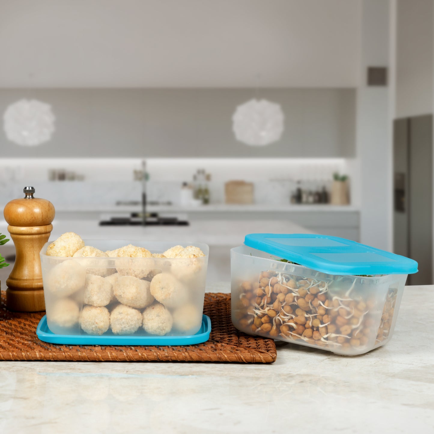 Varmora Freezer Safe - 100% Food-Grade Plastic, Transparent With Blue Lid, FDA Approved & BPA-Free, Stackable Design, Refrigerator & Deep Freezer Safe, Set of 2 (1800 ml)