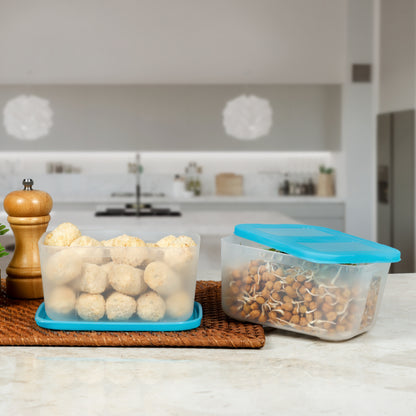 Varmora Freezer Safe - 100% Food-Grade Plastic, Transparent With Blue Lid, FDA Approved & BPA-Free, Stackable Design, Refrigerator & Deep Freezer Safe, Set of 2 (1800 ml)