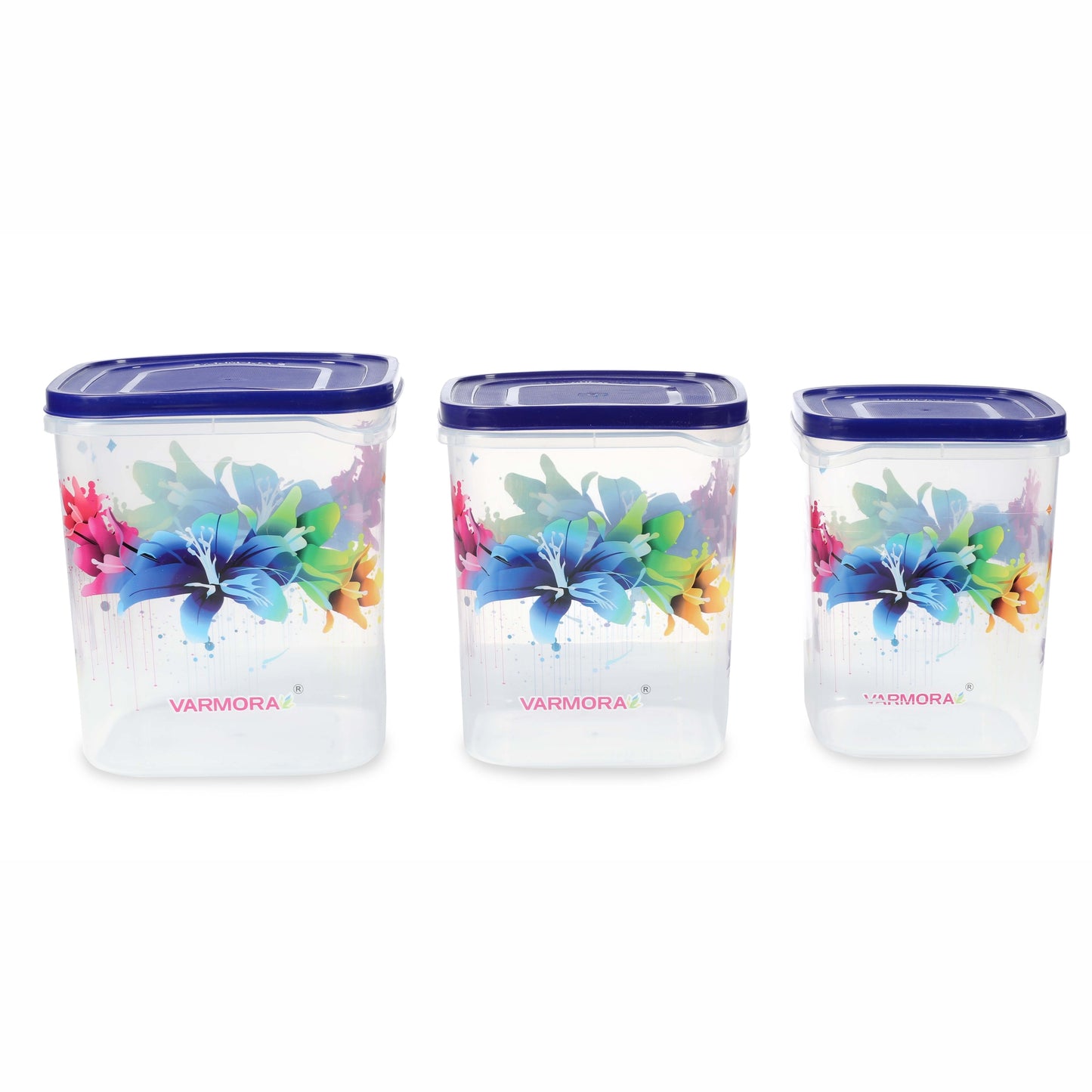 Varmora Glory Square Flower - Set of 3(5,7,10 Ltr)  Square Plastic Container, Food-Grade Plastic, Air-Tight Lid