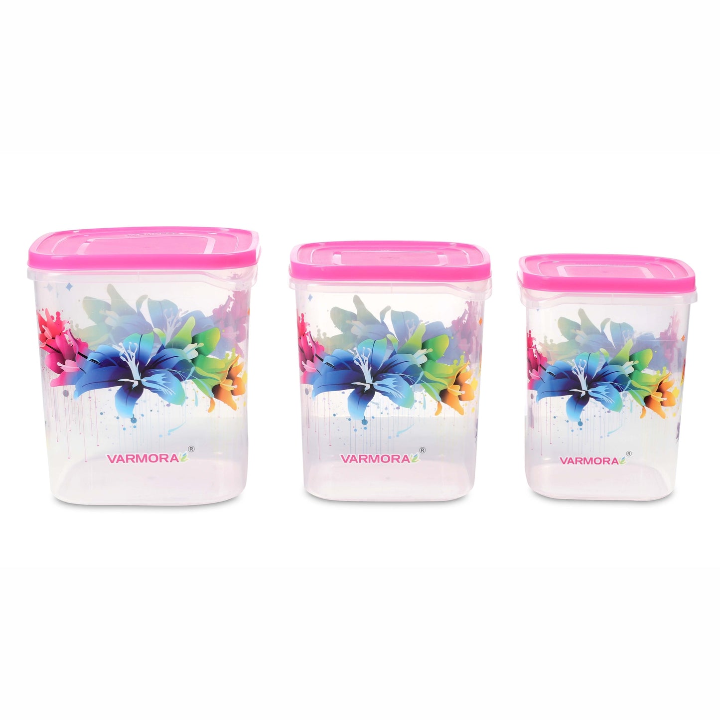 Varmora Glory Square Flower - Set of 3(5,7,10 Ltr)  Square Plastic Container, Food-Grade Plastic, Air-Tight Lid