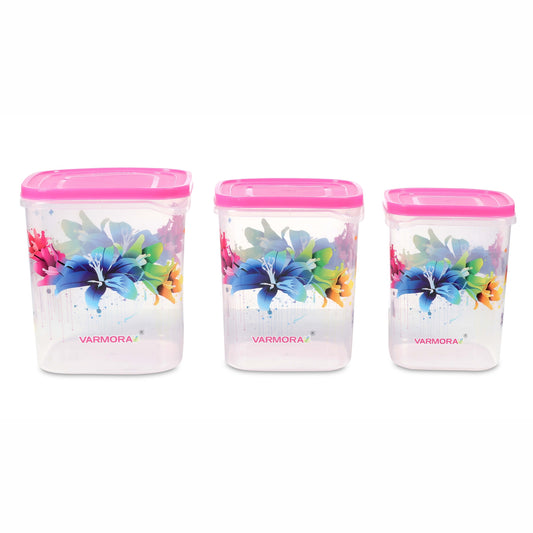 Varmora Glory Square Flower - Set of 3(5,7,10 Ltr)  Square Plastic Container, Food-Grade Plastic, Air-Tight Lid