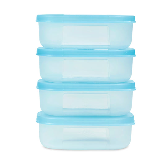 Varmora Freezer Safe - 100% Food-Grade Plastic, Transparent With Blue Lid, FDA Approved & BPA-Free, Stackable Design, Refrigerator & Deep Freezer Safe, Set of 4 (90 ml)