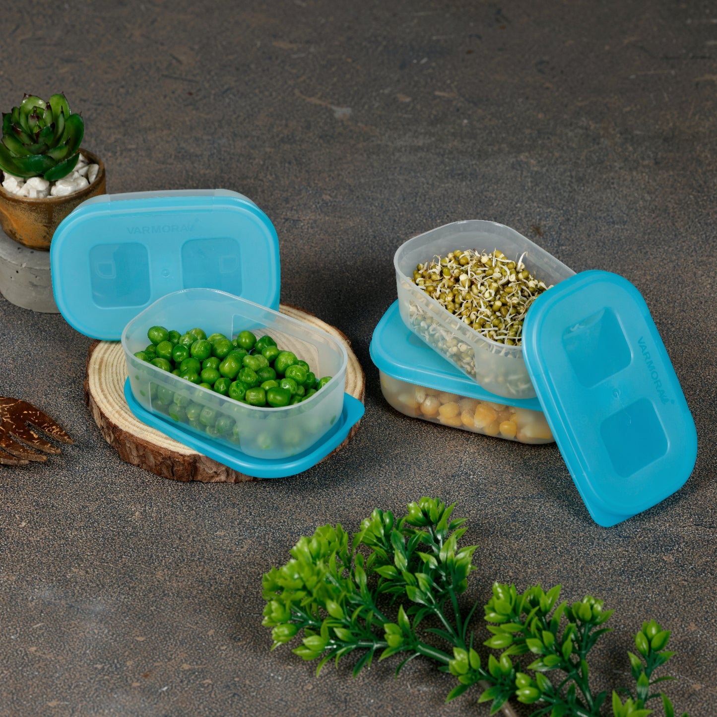 Varmora Freezer Safe - 100% Food-Grade Plastic, Transparent With Blue Lid, FDA Approved & BPA-Free, Stackable Design, Refrigerator & Deep Freezer Safe, Set of 4 (90 ml)