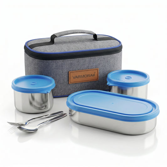 Varmora SS Corporate Delight Tiffin - Stainless Steel 3 Container, Insulated Bag, Airtight & Leak-Proof (Round Container) 100% Food Grade