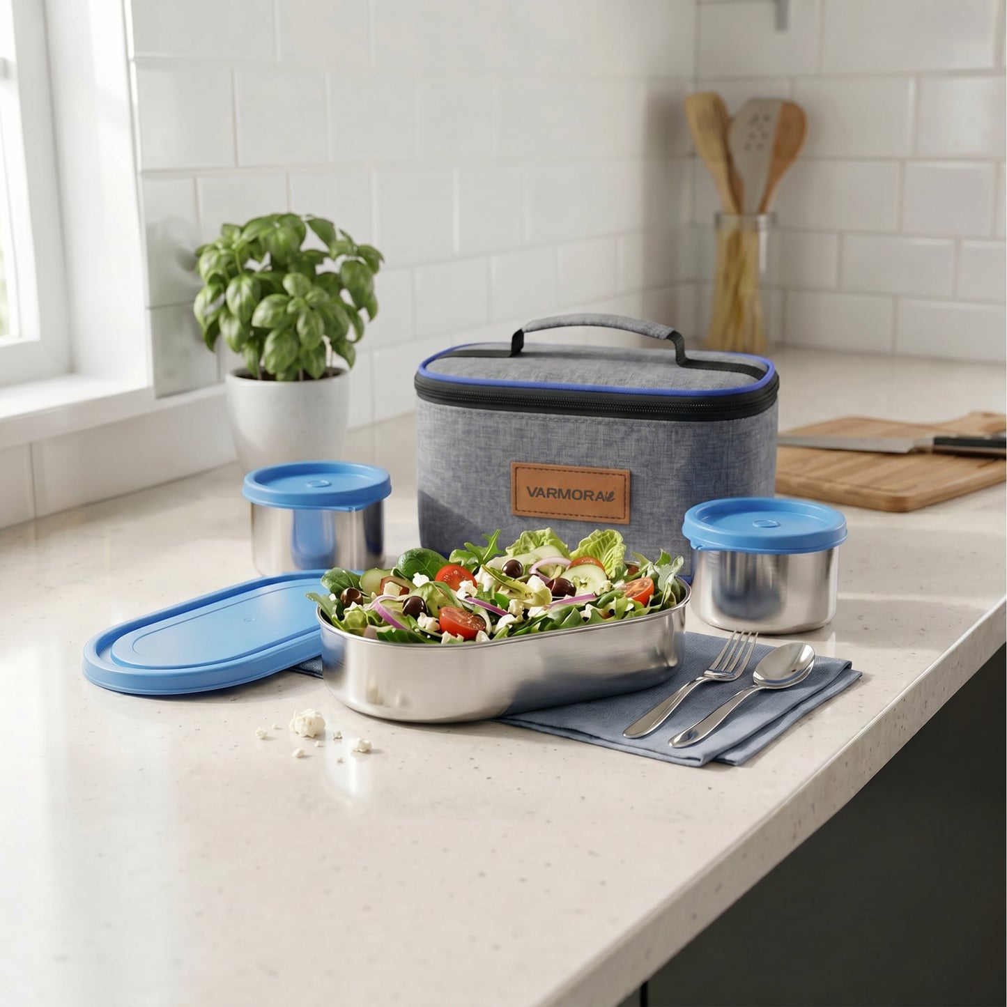 Varmora SS Corporate Delight Tiffin - Stainless Steel 3 Container, Insulated Bag, Airtight & Leak-Proof (Round Container) 100% Food Grade