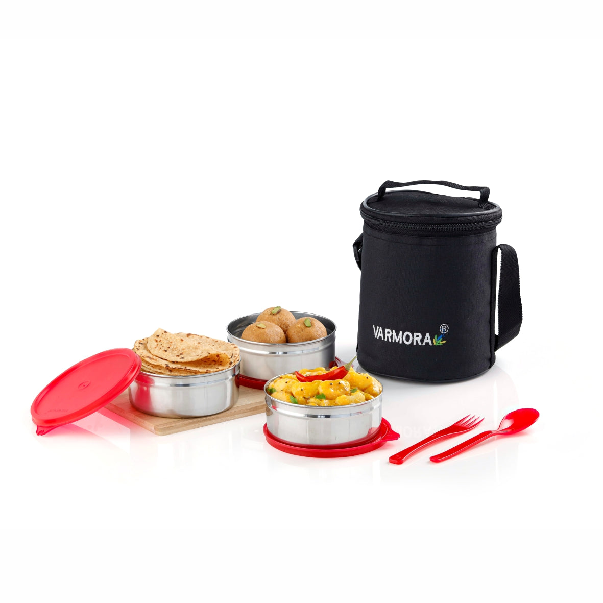 Varmora Trio Steel Lunch - 3 Tier Stainless Steel Lunch Box with Insulated Bag, Food Grade & Leak Proof