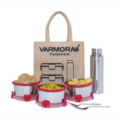 Varmora SS Cromo Lunch - 3 Tier Stainless Steel Lunch Box Set with Bottle, Steel Cutlery & Jute Bag, Food Grade & Leak Proof