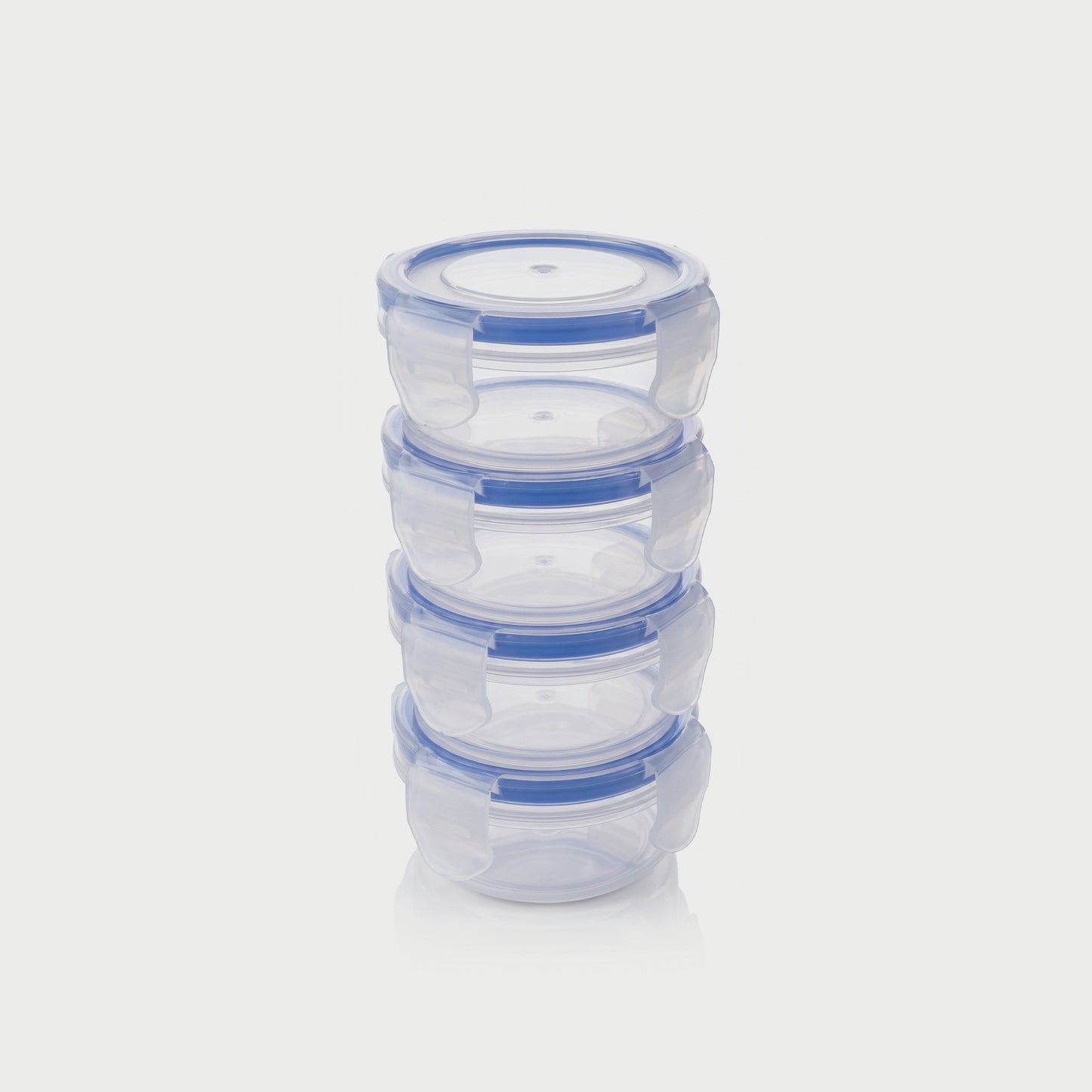 Varmora Clamp It - Transparent Round Plastic Container, Set of 4, 100 ML, Air-Tight Lid, Stackable & BPA Free, Food-Grade Material