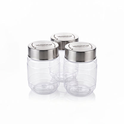 Varmora SS Store N Stack - Plastic Container For Kitchen, Air-Tight Steel Lid, Ideal for Storing Daal, Spices & Condiments, 750 ML, Set of 3