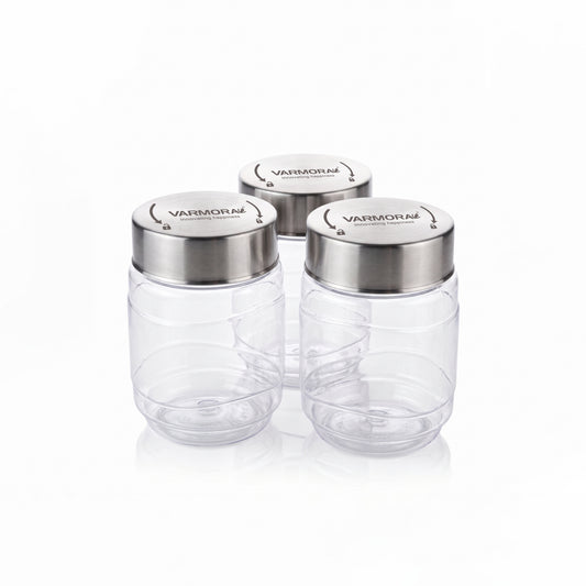 Varmora SS Store N Stack - Plastic Container For Kitchen, Air-Tight Steel Lid, Ideal for Storing Daal, Spices & Condiments, 750 ML, Set of 3