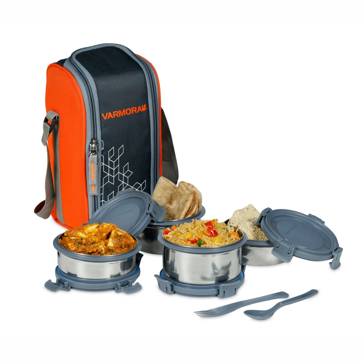 Varmora SS Cuisine Lunch - 4 Tier Stainless Steel Lunch Box Set with Locking Clips & Insulated Bag, Food Grade & Leak Proof