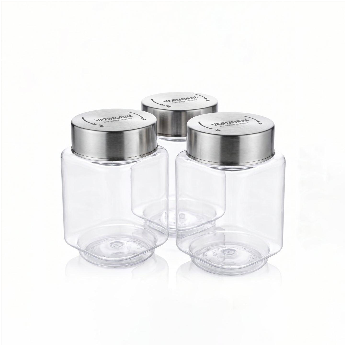 Varmora SS Store N Stack Square - Plastic Container For Kitchen, Air-Tight Steel Lid, Ideal for Storing Daal, Spices & Condiments, 850 ML, Set of 3