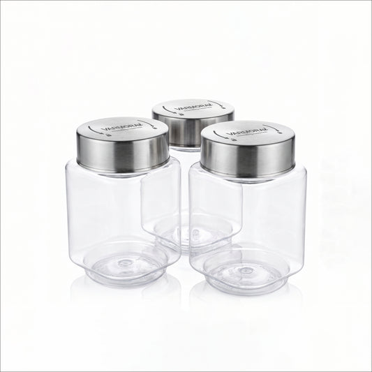 Varmora SS Store N Stack Square - Plastic Container For Kitchen, Air-Tight Steel Lid, Ideal for Storing Daal, Spices & Condiments, 850 ML, Set of 3