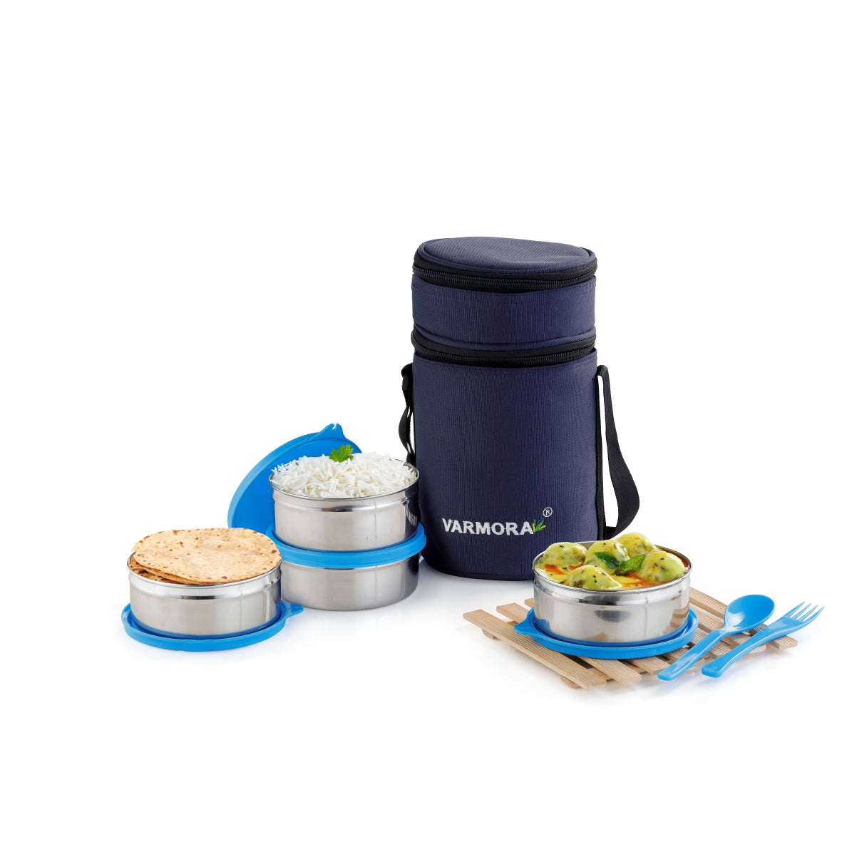 Varmora Quattro Lunch SS - 4 Tier Stainless Steel Lunch Box with Insulated Bag, Food Grade & Leak Proof
