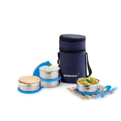 Varmora Quattro Lunch SS - 4 Tier Stainless Steel Lunch Box with Insulated Bag, Food Grade & Leak Proof