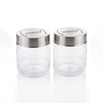 Varmora SS Store N Stack Round 1500Ml - Set of 2, Plastic Container For Kitchen, Air-Tight Steel Lid, Ideal for Storing Pasta, Dry Fruits, Nuts, Daal, Spices & Condiments