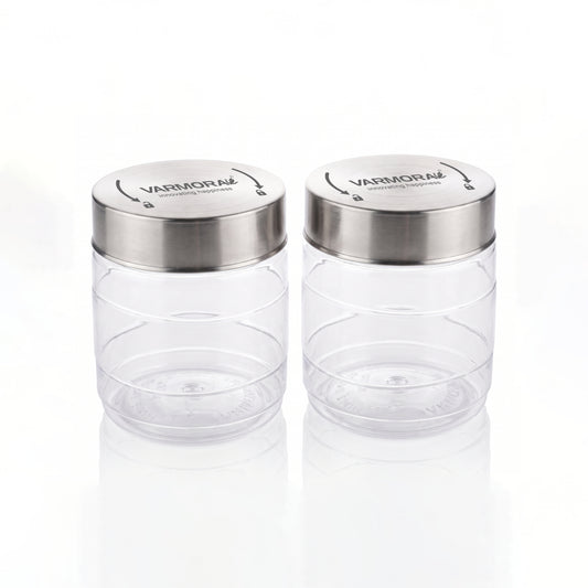 Varmora SS Store N Stack Round 1500Ml - Set of 2, Plastic Container For Kitchen, Air-Tight Steel Lid, Ideal for Storing Pasta, Dry Fruits, Nuts, Daal, Spices & Condiments