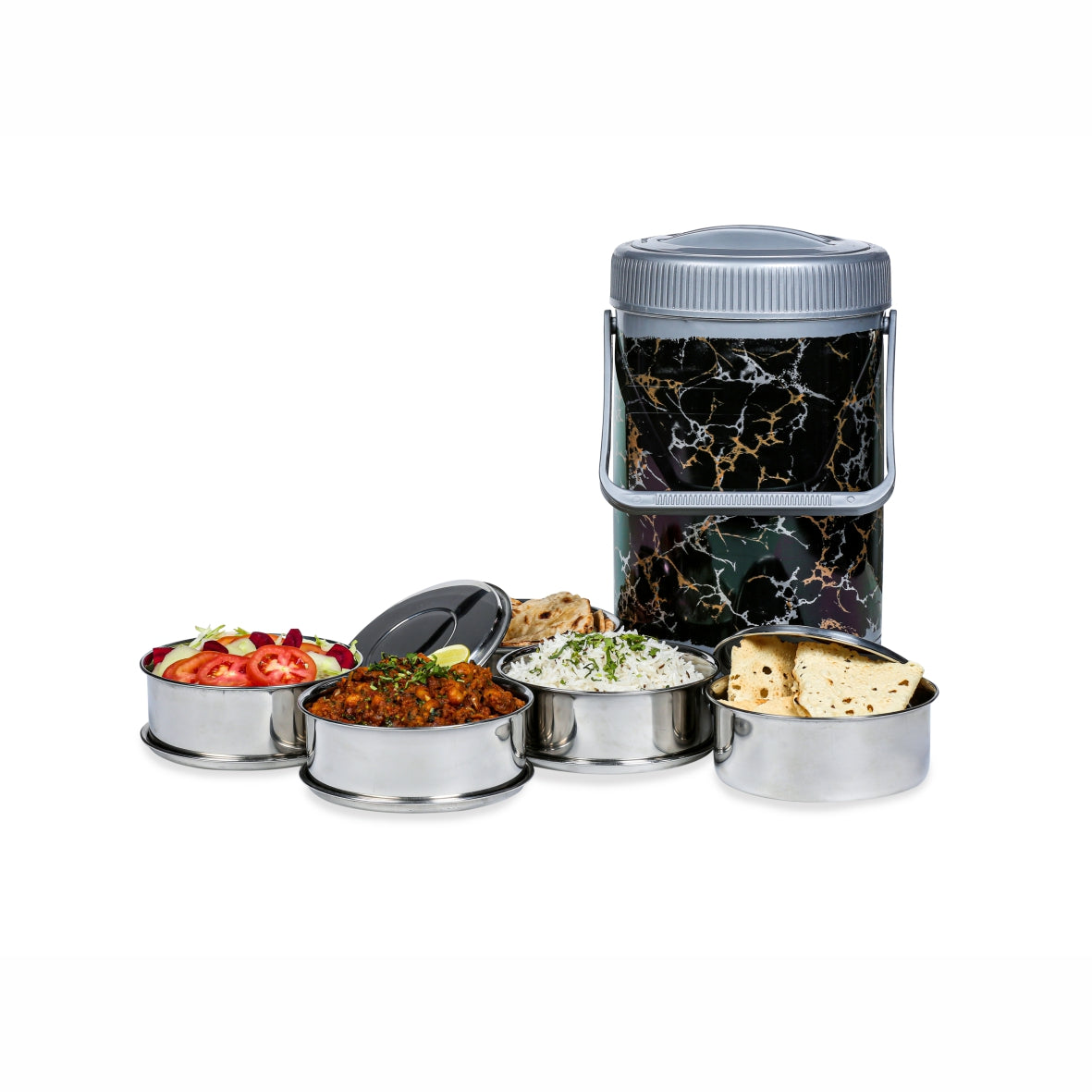 Varmora Jumbo Cosmic Lunch - 4 Tier Stainless Steel Lunch Box with Marble Finish & Carry Handle, Food Grade & Leak Proof