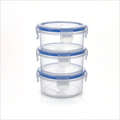 Varmora Clamp It - Transparent Round Plastic Container, Set of 3 – 230 ML, Air-Tight Lid, Stackable & BPA Free, Food-Grade Material