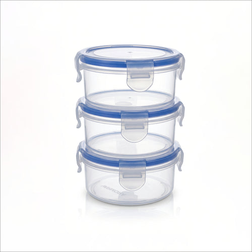 Varmora Clamp It - Transparent Round Plastic Container, Set of 3 – 230 ML, Air-Tight Lid, Stackable & BPA Free, Food-Grade Material