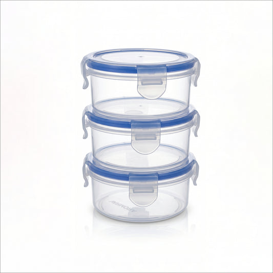 Varmora Clamp It - Transparent Round Plastic Container, Set of 3 – 230 ML, Air-Tight Lid, Stackable & BPA Free, Food-Grade Material