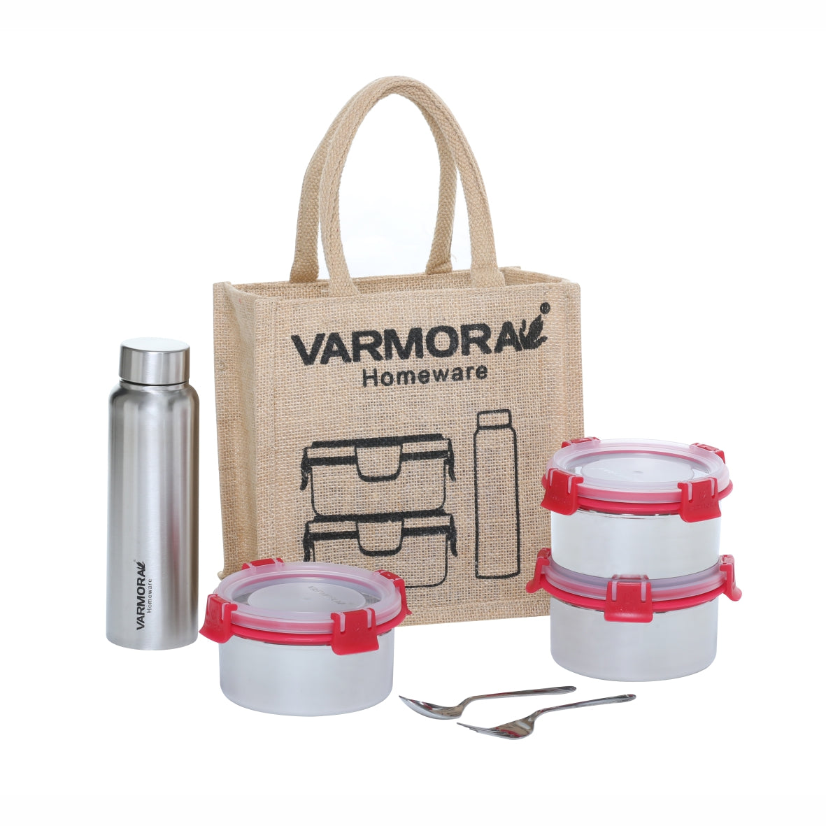 Varmora SS Cromo Lunch - 3 Tier Stainless Steel Lunch Box Set with Bottle, Steel Cutlery & Jute Bag, Food Grade & Leak Proof