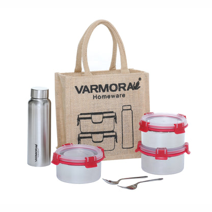 Varmora SS Cromo Lunch - 3 Tier Stainless Steel Lunch Box Set with Bottle, Steel Cutlery & Jute Bag, Food Grade & Leak Proof