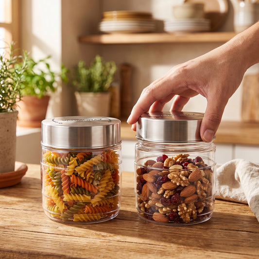 Varmora SS Store N Stack Round 1500Ml - Set of 2, Plastic Container For Kitchen, Air-Tight Steel Lid, Ideal for Storing Pasta, Dry Fruits, Nuts, Daal, Spices & Condiments