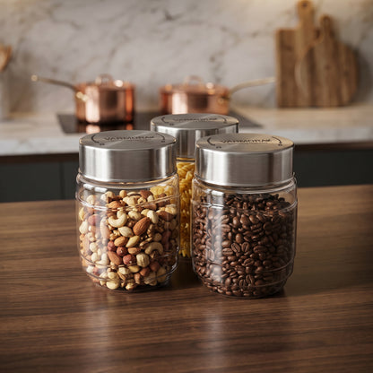 Varmora SS Store N Stack - Plastic Container For Kitchen, Air-Tight Steel Lid, Ideal for Storing Daal, Spices & Condiments, 750 ML, Set of 3