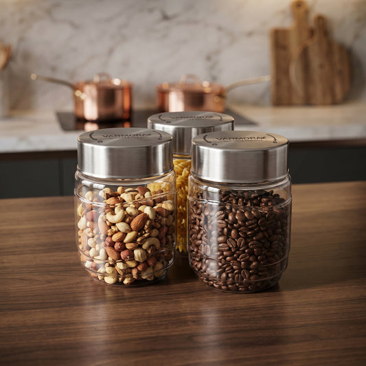 Varmora SS Store N Stack - Plastic Container For Kitchen, Air-Tight Steel Lid, Ideal for Storing Daal, Spices & Condiments, 750 ML, Set of 3