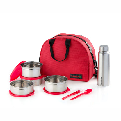 Varmora SS Family Lunch - 3 Tier Stainless Steel Lunch Box Set with Bottle & Insulated Bag, Food Grade & Leak Proof