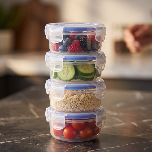Varmora Clamp It - Transparent Round Plastic Container, Set of 4, 100 ML, Air-Tight Lid, Stackable & BPA Free, Food-Grade Material