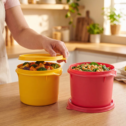 Varmora Magnum - Round Plastic Container With Lid, Set of 2, Colour - Pink & Yellow, Food - Grade Material, Air-Tight Seals, FDA Approved & BPA-Free, 750 ML, Set of 2