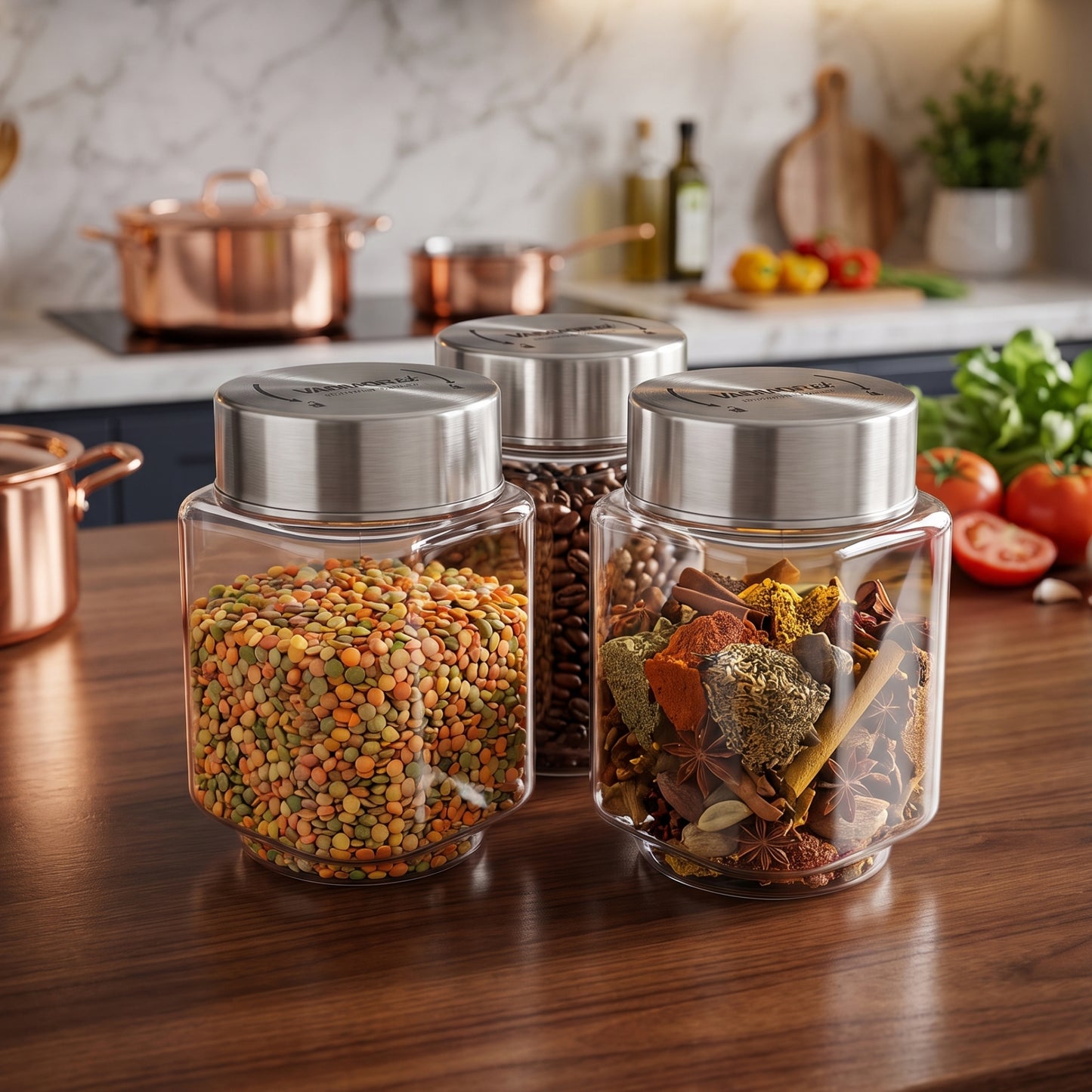 Varmora SS Store N Stack Square - Plastic Container For Kitchen, Air-Tight Steel Lid, Ideal for Storing Daal, Spices & Condiments, 850 ML, Set of 3