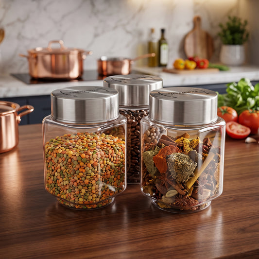 Varmora SS Store N Stack Square - Plastic Container For Kitchen, Air-Tight Steel Lid, Ideal for Storing Daal, Spices & Condiments, 850 ML, Set of 3