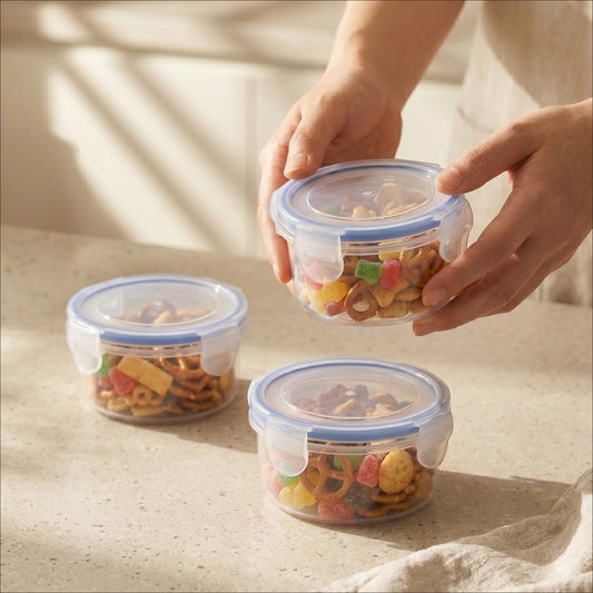 Varmora Clamp It - Transparent Round Plastic Container, Set of 3 – 230 ML, Air-Tight Lid, Stackable & BPA Free, Food-Grade Material