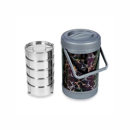 Varmora Jumbo Cosmic Lunch - 4 Tier Stainless Steel Lunch Box with Marble Finish & Carry Handle, Food Grade & Leak Proof