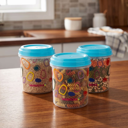 Varmora Glory Container Printed - Set of 3 (1 Ltr), Plastic Containers With Air-Tight Lid, For Storing Atta, Flour & Rice, Transparent Design, BPA Free 100% Food-Grade Plastic