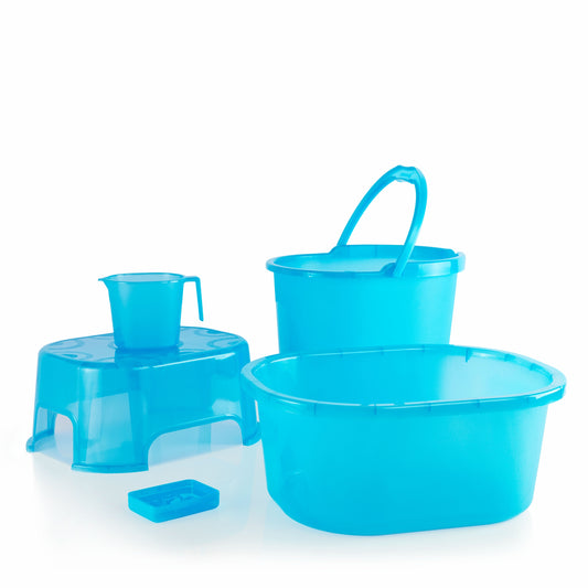 Varmora Oval Balti Accessories Jr. Set - 5 Pcs Bathroom Set with Bucket, Tub, Stool, Mug & Soap Dish, 100% Virgin Plastic