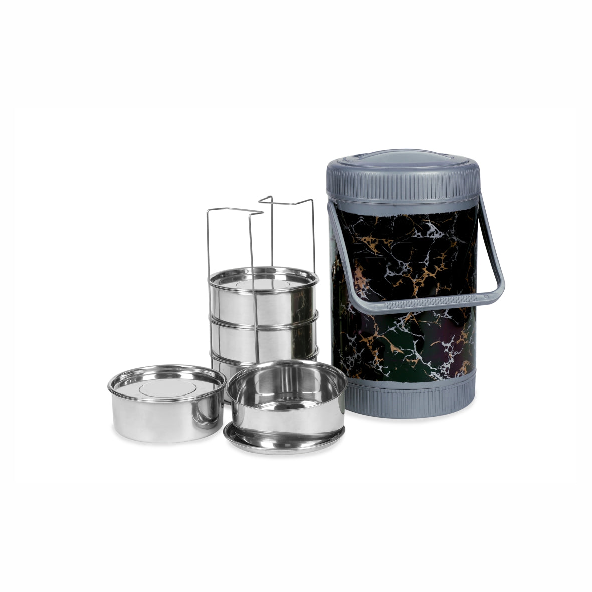 Varmora Jumbo Cosmic Lunch - 4 Tier Stainless Steel Lunch Box with Marble Finish & Carry Handle, Food Grade & Leak Proof