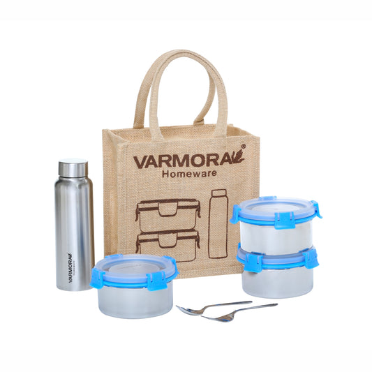 Varmora SS Cromo Lunch - 3 Tier Stainless Steel Lunch Box Set with Bottle, Steel Cutlery & Jute Bag, Food Grade & Leak Proof