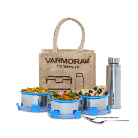 Varmora SS Cromo Lunch - 3 Tier Stainless Steel Lunch Box Set with Bottle, Steel Cutlery & Jute Bag, Food Grade & Leak Proof