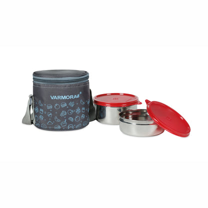 Varmora SS Executive Printed - 2 Tier Stainless Steel Lunch Box with Printed Insulated Bag, Food Grade & Leak Proof